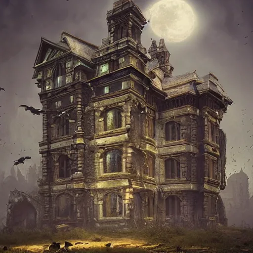 Prompt: a large haunted building with a lot of skulls on top of it, tendrills, a detailed matte painting by filip hodas, cgsociety contest winner, fantasy gothic art, rendered in unreal engine, unreal engine 5, unreal engine