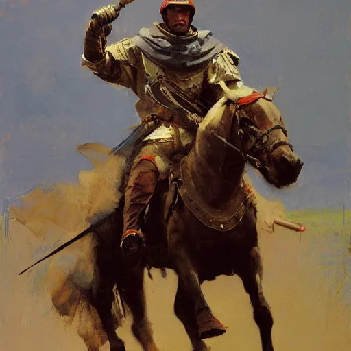 Image similar to portrait of man on horseback holding jousting lance, caparisons, by greg manchess, bernie fuchs, ruan jia, walter everett