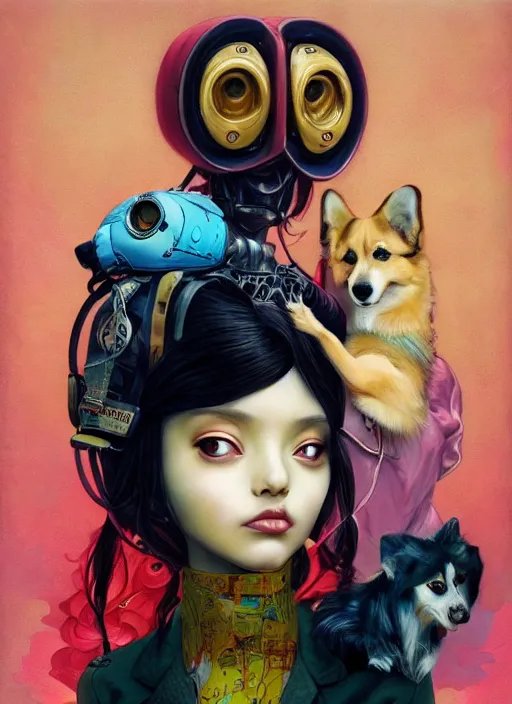 Prompt: beautiful portrait painting of a cute metaverse lofi cyberpunk princess and her corgi assassin king, by Afarin Sajedi, Alessandro Barbucci, Alex Gross, Shin Jeongho, Shohei Otomo. trending on Artstation, 8k, masterpiece, face enhance, graffiti paint, fine detail, full of color, intricate detail, golden ratio illustration