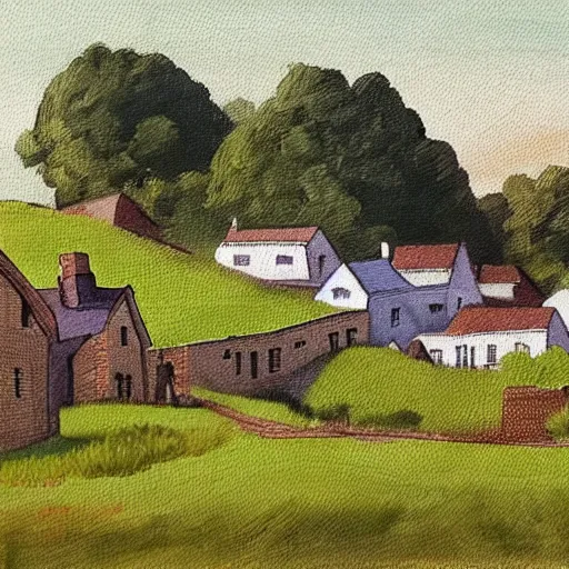 Image similar to painting of a small town in rural Ireland in the style of Aleksander Rostov