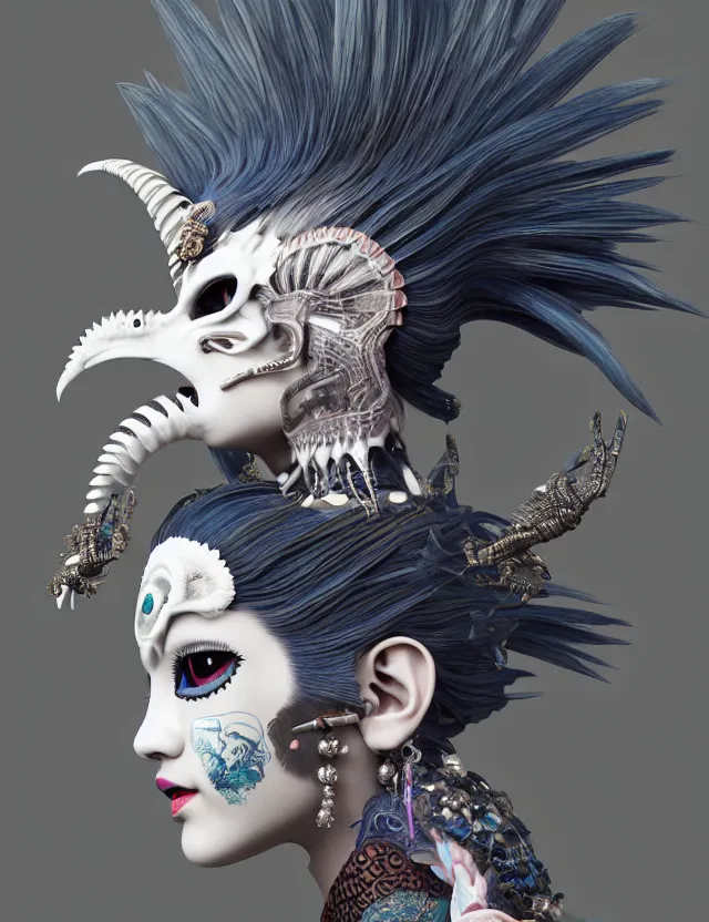 Image similar to 3 d goddess close - up profile simple portrait punk with mohawk with goat skull. beautiful intricately detailed japanese crow kitsune mask and clasical japanese kimono. betta fish, jellyfish phoenix, bio luminescent, plasma, ice, water, wind, creature, artwork by tooth wu and wlop and beeple and greg rutkowski