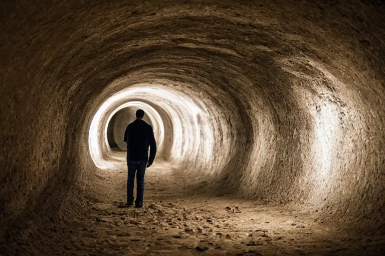 Image similar to a person going through all his memories in a tunnel, dramatic angle