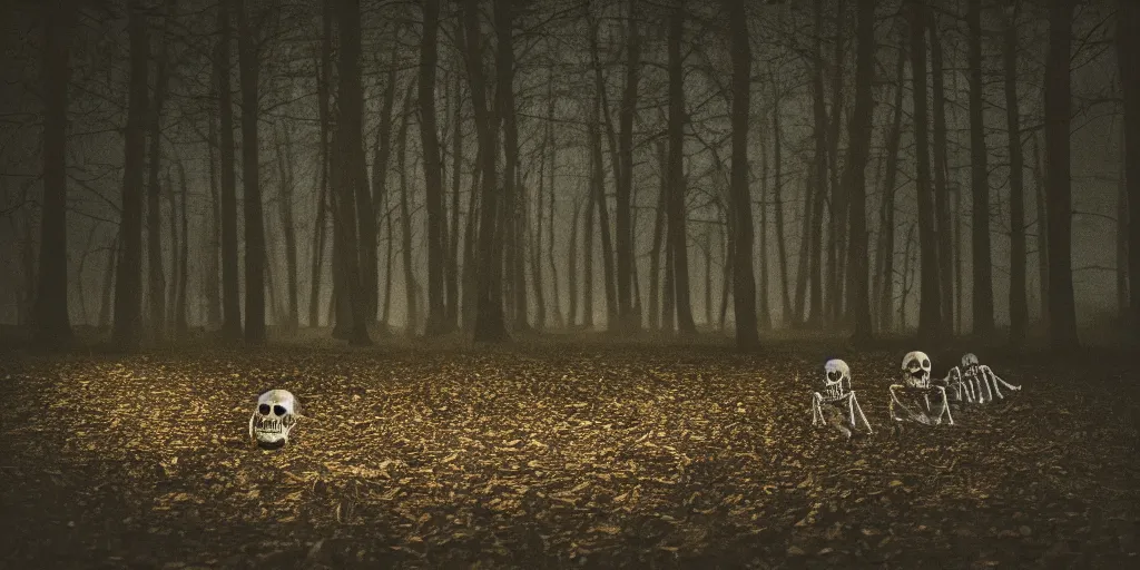 Image similar to low quality amateur home video of skeletons running through a dimly lit dark forest at night, photorealistic amateur photography low camera angle tilted camera