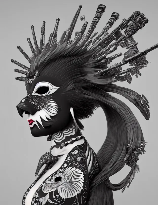 Image similar to 3 d goddess close - up profile portrait punk with mohawk with ram skull. beautiful intricately detailed japanese crow kitsune mask and clasical japanese kimono. betta fish, jellyfish phoenix, bio luminescent, plasma, ice, water, wind, creature, artwork by tooth wu and wlop and beeple and greg rutkowski