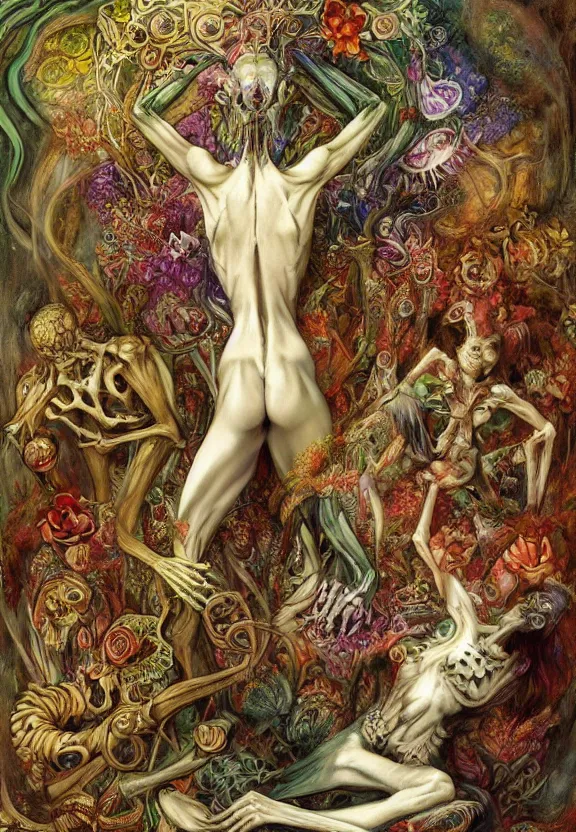 Image similar to simplicity, elegant, colorful muscular eldritch bodies and bones radiating from fractal, orchids, flowers, mandala, white bones, by h. r. giger and esao andrews and maria sibylla merian eugene delacroix, gustave dore, thomas moran, pop art, chiaroscuro, biopunk, art nouveau