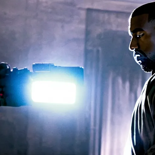 Image similar to Movie still of Kanye West as the Punisher, splash art, movie still, cinematic lighting, dramatic, octane render, long lens, shallow depth of field, bokeh, anamorphic lens flare, 8k, hyper detailed, 35mm film grain