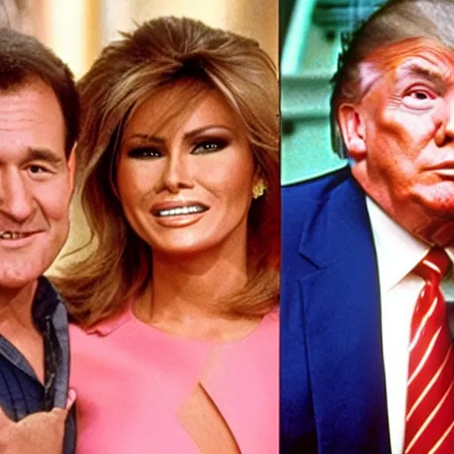 Prompt: still color donald trump and melania trump on tv show married with children 1 9 8 7 8 k, 1 5 0 mp,