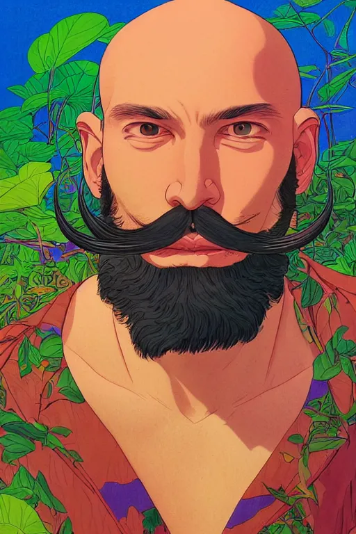 Image similar to a colorful closeup portrait of a handsome young bald man with a very long wild beard and handlebar moustache riding a motorcycle and dreaming psychedelic hallucinations in the overgrown landscape of amazon jungle, by kawase hasui, moebius and edward hopper, colorful flat surreal design, hd, 8 k, artstation