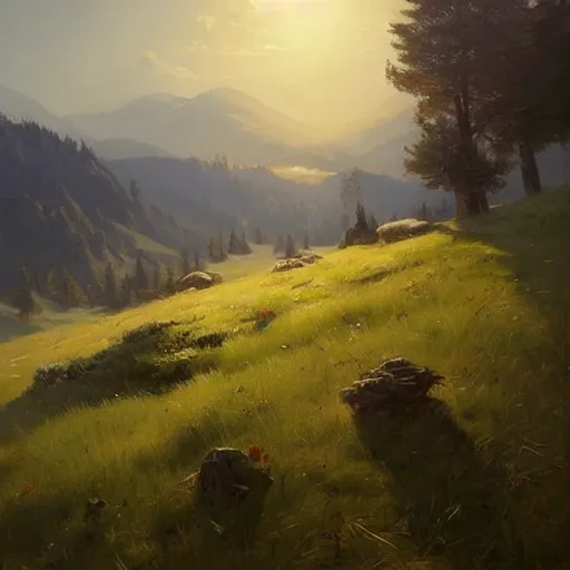 Prompt: summer meadow, hills, landscape, style of Greg Rutkowski