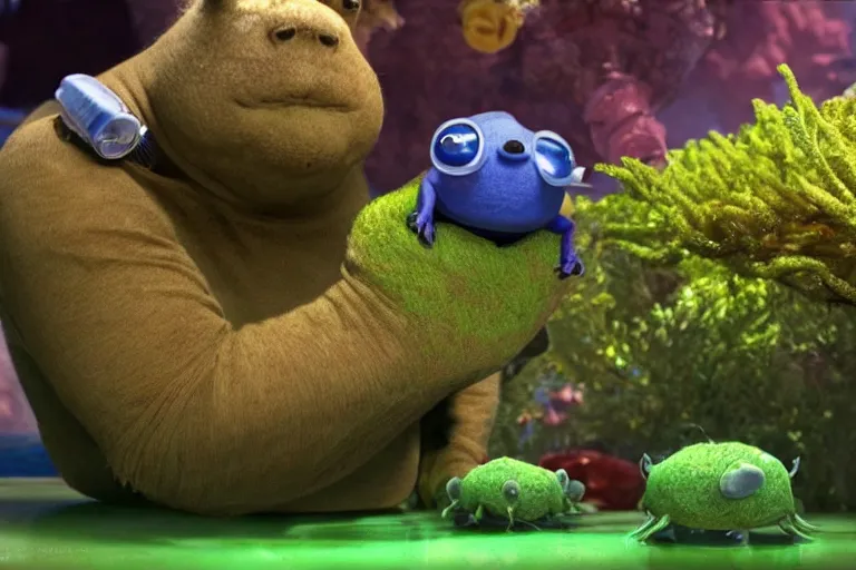 Image similar to pixar tardigrade character, tardigrade eating algae with his friends, disney movie, ultra detailed film still