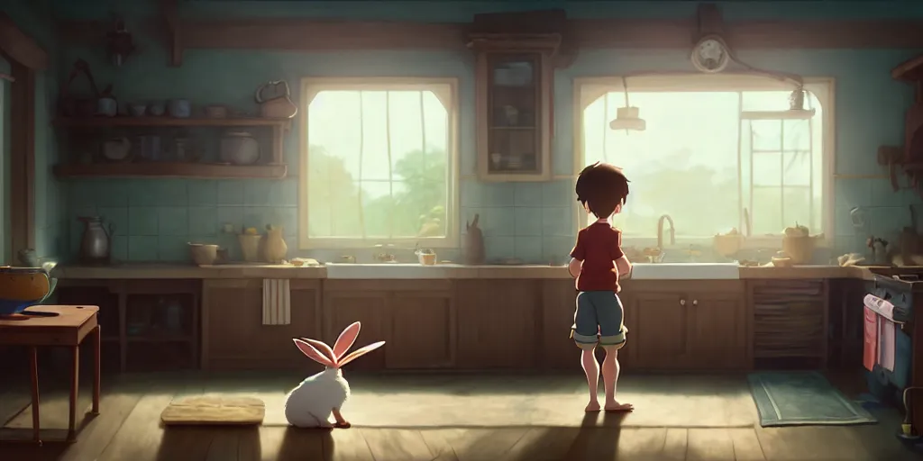 Image similar to a wholesome animation key shot of a cute rabbit boy stretching in a cottage kitchen, medium shot, studio ghibli, pixar and disney animation, sharp, rendered in unreal engine 5, anime key art by greg rutkowski, bloom, dramatic lighting