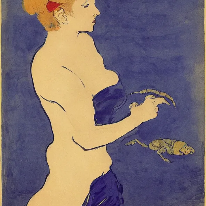 Image similar to blonde woman with scorpion. violet, cobalt blue, cherry red. henri de toulouse - lautrec, utamaro, matisse