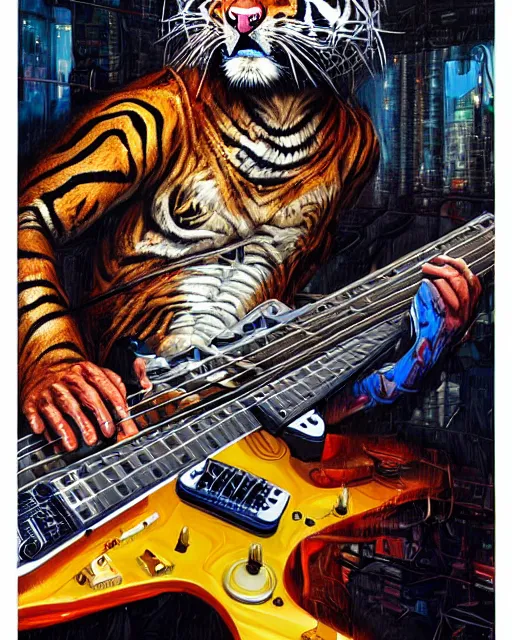 Image similar to a portrait of an anthropomorphic cyberpunk roaring tiger shredding an electric guitar as the guitar melts by sandra chevrier, by jon foster, detailed render, tape deck, epic composition, cybernetics, 4 k realistic, cryengine, realistic shaded lighting, sharp focus, masterpiece, by enki bilal