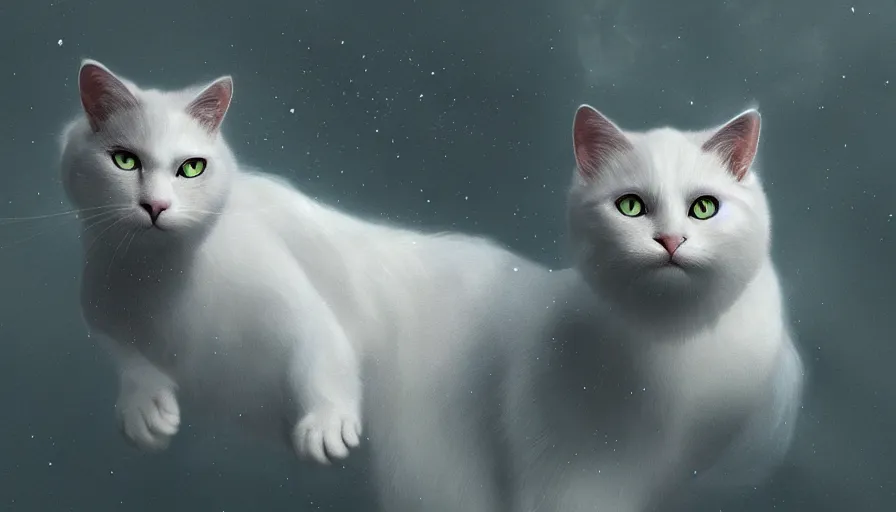 Image similar to white cat with green eyes, moon, snow, shiny, hyperdetailed, artstation, cgsociety, 8 k