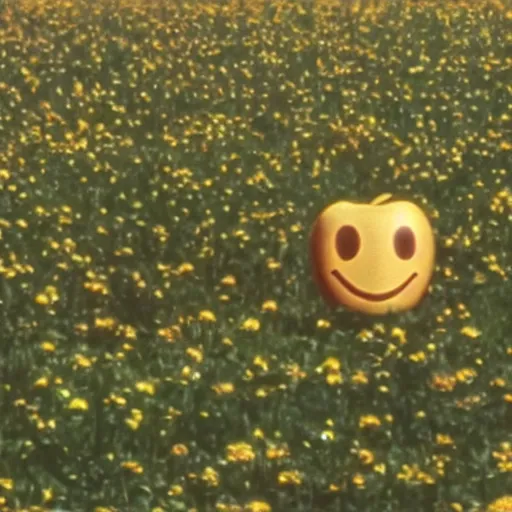 Prompt: a 1 9 7 7 beautiful woman and a 3 d rendering of a smiley apple in a meadow, color film still 1 9 7 7, tarkovsky