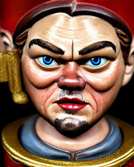 Image similar to highly detailed closeup, face profile portrait of a tin toy leonardo dicaprio as a medieval goblin eating cakes in a castle, hyper realistic, artstation, illustration, nicoletta ceccoli, mark ryden, lostfish, dan decarlo, bob clampett, max fleischer, digital paint, matte paint, vivid colors, detailed and intricate environment