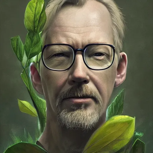 Image similar to adam savage as a plant like creature, closeup portrait by greg rutkowski, realistic face, digital art,