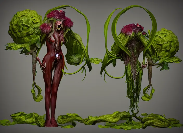 Prompt: Fantasy Alrune androgynous plant humanoid with flowers in hair man-eating plant body pitcher plant by Larry Elmore and Ilya Kushvikov, symmetrical face concept art, octane render unreal engine meta humans, artstation