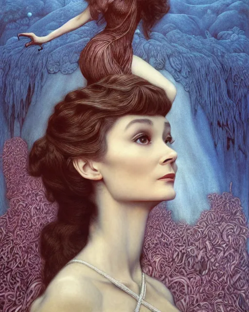 Prompt: matte painting portrait shot, beautiful colourful audrey hepburn, detailed and intricate by jean delville, gustave dore and marco mazzoni, art nouveau, symbolist, visionary, gothic, pre - raphaelite