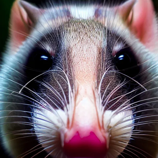 Prompt: close-up photo of an opossum, fisheye lens