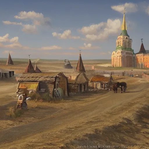 Prompt: matte painting of russian small town in the steppes by simonetti