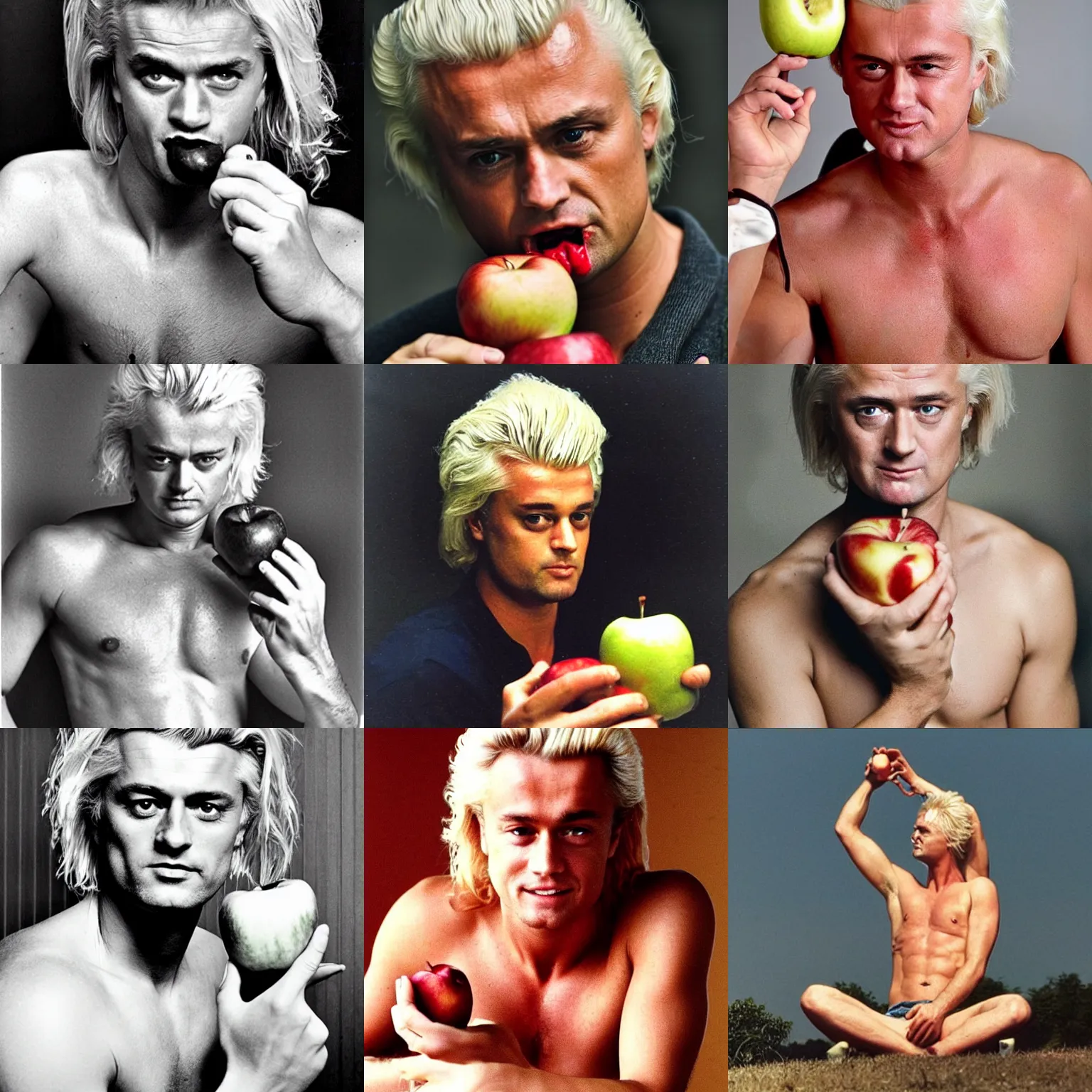 Prompt: shirtless geert wilders looking seductive while eating an apple