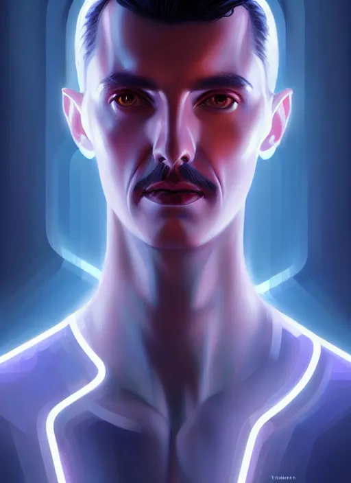 Image similar to portrait of nikola tesla cyber humanoid, intricate, elegant, cyber neon lights, highly detailed, digital painting, artstation, glamor pose, concept art, smooth, sharp focus, illustration, art by artgerm and greg rutkowski