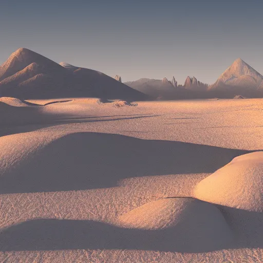 Image similar to large desert landscape with a big snowy mountain in the distance, daylight, hyperdetailed, sharp, artstation, 3 d render, ray tracing