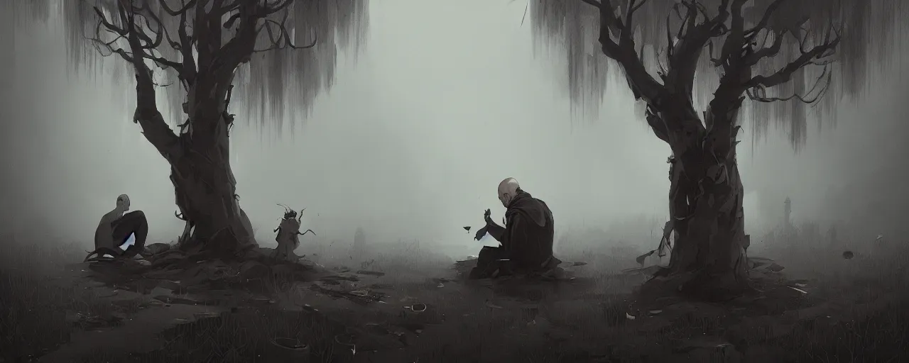 Image similar to duotone noir illustration of bald merchant demon sitting below willow tree in medieval brown tunic. foggy evening. dark dream atmosphere, by sachin teng and sergey kolesov and ruan jia and heng z. graffiti art, scifi, fantasy, hyper detailed. octane render. concept art. trending on artstation