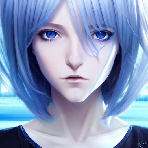 Image similar to high school girl split dimensions walking through reality ’ s, azure blue eyes, silver hair, digital anime art, ilya kuvshinov, artgerm