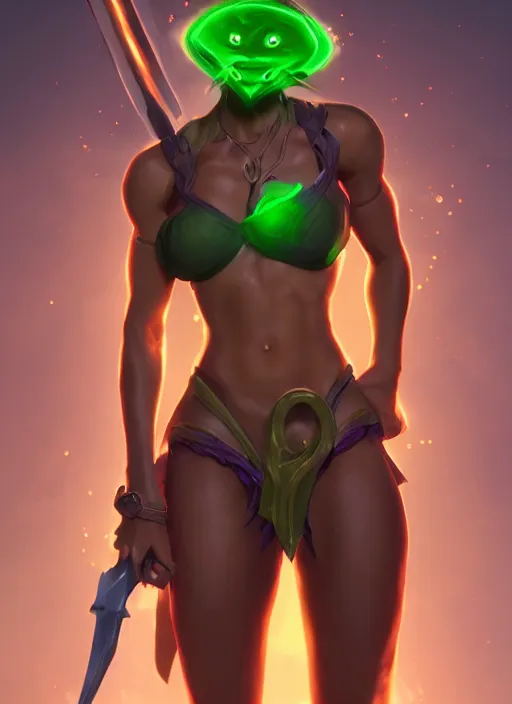 Prompt: senna from league of legends, au naturel, holding a giant weapon, brown skin, with abs, glowing green neon eyes, digital art, trending in artstation, cinematic lighting, studio quality, smooth render, unreal engine 5 rendered, octane rendered, art style by klimt and nixeu and ian sprigger and wlop and krenz cushart