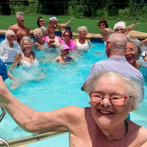 Prompt: a pool filled with happy old people
