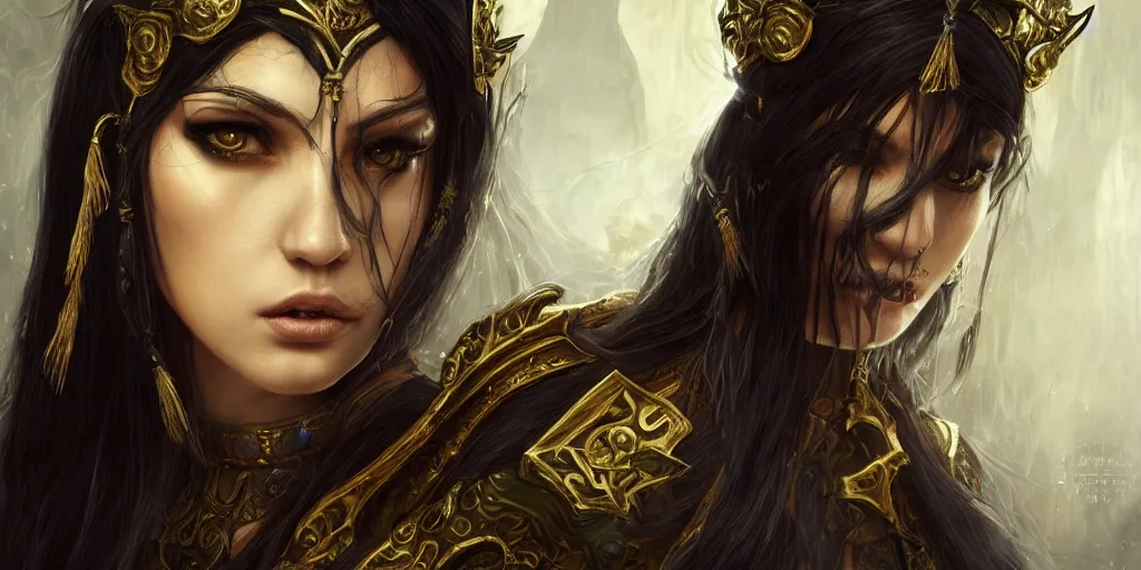 Image similar to a young beautiful priestess with long black hairweaving golden strings of magic, barroque painting, ultra realistic. cinematic, dynamic. magic the gathering style. epic fantasy, insanely detailed, 4k, symmetrical face, rpg character reference. gourgeous.