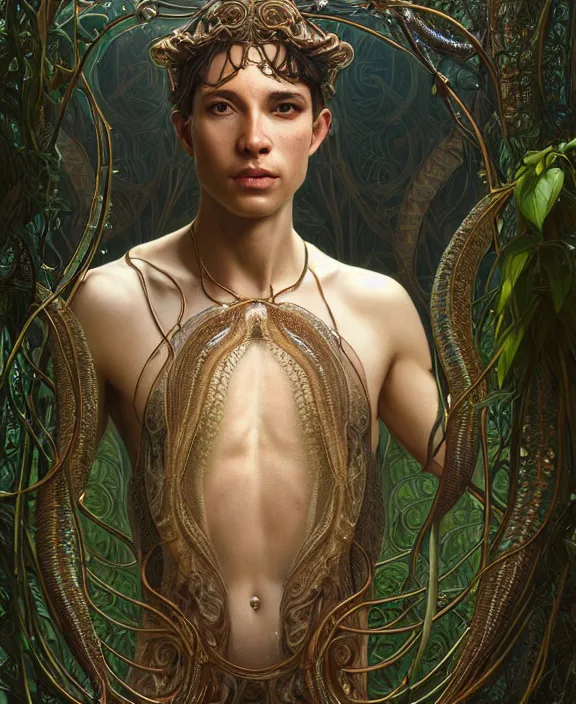 Image similar to intricate ornate opulent transparent clear see - through portrait of a horrific beautiful male human wolf snake, adorable, childlike, overgrown biopunk jungle environment, ultra realistic, concept art, art nouveau, photorealistic, octane render, 8 k, unreal engine. art by christopher marley and artgerm and greg rutkowski and alphonse mucha