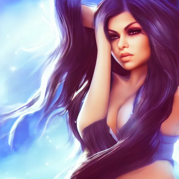 Image similar to portait of haifa wehbe, long hair centred, hd, charming look, very detailed curve, unreal engine, final fantasy style, blue soft background