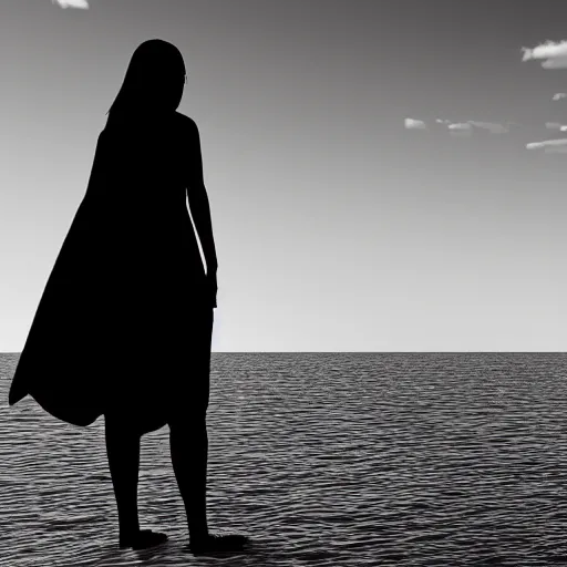 Prompt: a woman stands on the water in the style of kentaro miura, 4 k, 8 k, absolute detail of even the smallest details and particles, beautiful shadows, beautiful art, black and white drawing