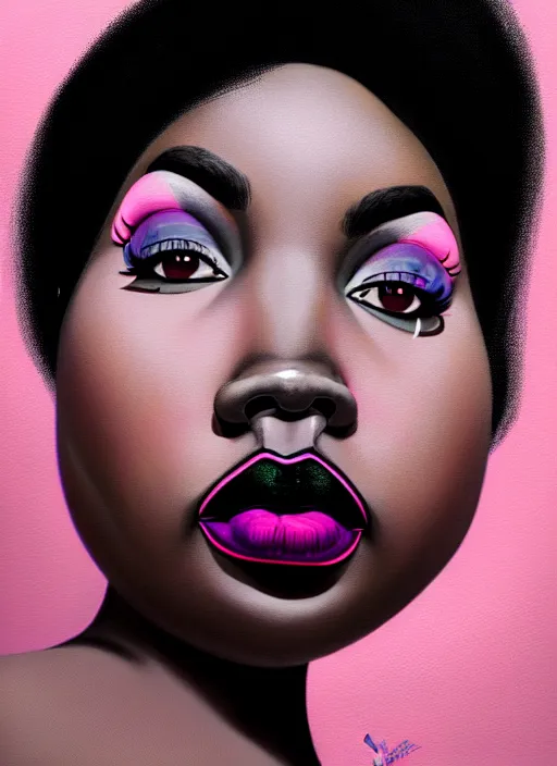 Image similar to portrait of a plump black woman with a crooked nose and a confident expression, 1 9 6 0 s, black clothes, goth, punk, brightly coloured hair, funk, intricate, elegant, highly detailed, digital painting, artstation, concept art, smooth, sharp focus, illustration, art by wlop, mars ravelo and greg rutkowski