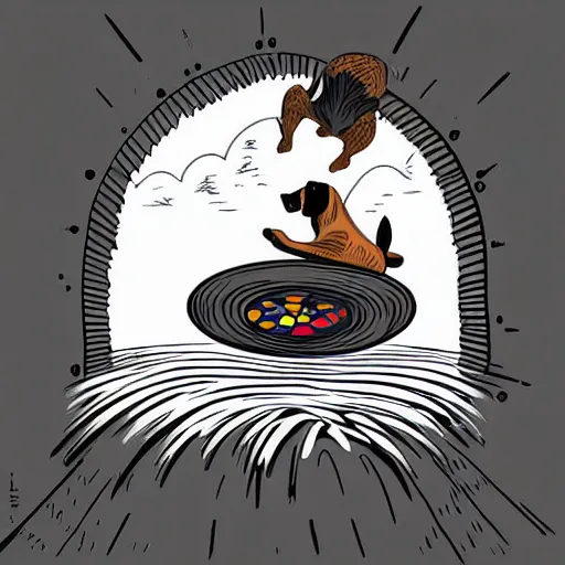 Image similar to colorful mcbess illustration of a dachshund jumping into a portal to another world