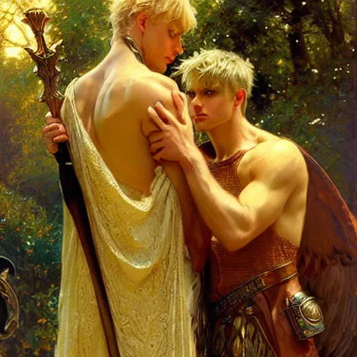 Image similar to stunning arthur pendragon in love with stunning male merlin the mage. they are close to each other. highly detailed painting by gaston bussiere, craig mullins, j. c. leyendecker