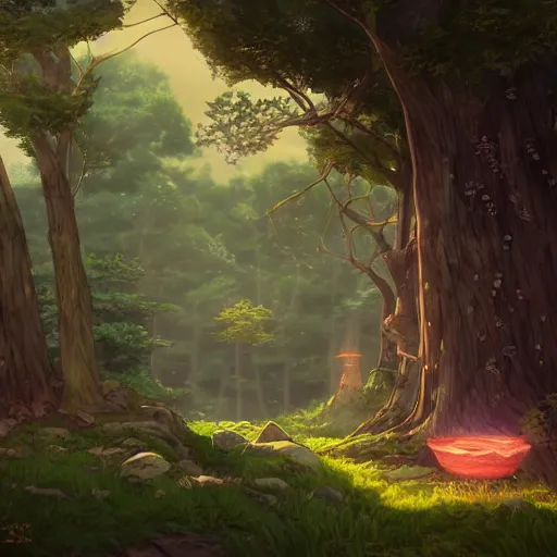 Prompt: mythical glowing runes, beautiful ancient trees, hiding large treasure chest, serene evening atmosphere, soft lens, soft light, cel - shading, animation, in the style of cgsociety, deviantart, artstation, zbrush, cinema 4 d, studio ghibli, akihiko yoshida, atelier lulua, masamune shirow