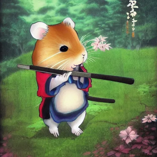 Image similar to japanese hamster samurai. with long sword. anime art. painting. sacura forest on background