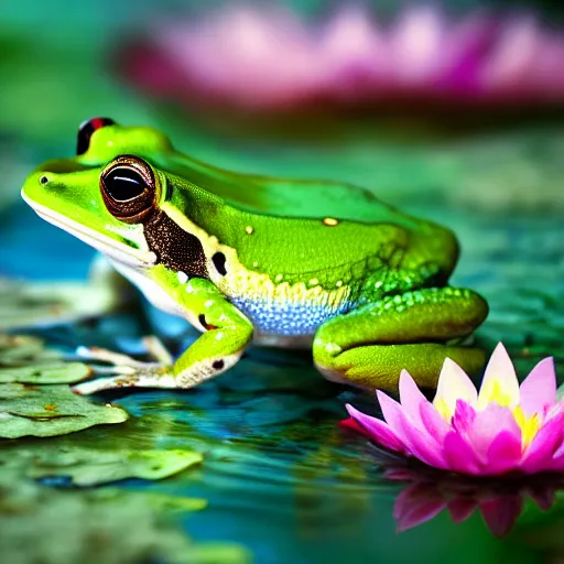 Image similar to fantasy art, close - up of a crowned prince frog in a small crown!!! crown crown crown in the pond with water lilies, shallow depth of field, highly detailed, autumn, rain, masterpiece, matte painting, sharp focus, matte painting, by isaac levitan, by monet, asher brown durand,