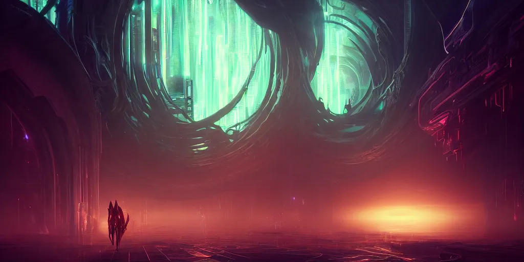 Image similar to portal to the ethereal realm, centered composition, intricate concept art, ethereal, ominous, mysterious, enchanted, magic, dramatic lighting, illuminated lines, outrun, vaporware, illuminated runes, cyberpunk darksynth, dark background, 8 k, octane render, by james paick and stephan martiniere and alphonse mucha