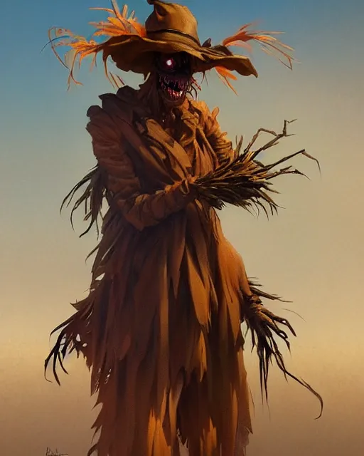 Image similar to an monstrous scarecrow, scarecrow, gentle, posing, cute pose, vaporwave, highly detailed, digital painting, artstation, concept art, smooth, sharp focus, illustration, art by artgerm and greg rutkowski and alphonse mucha