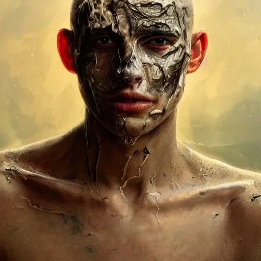 Image similar to portrait painting of young man with severe burn scars on his face and poorly shaved hair wearing tattered light armor, ultra realistic, concept art, intricate details, eerie, highly detailed, photorealistic, octane render, 8 k, unreal engine. art by artgerm and greg rutkowski and charlie bowater and magali villeneuve and alphonse mucha