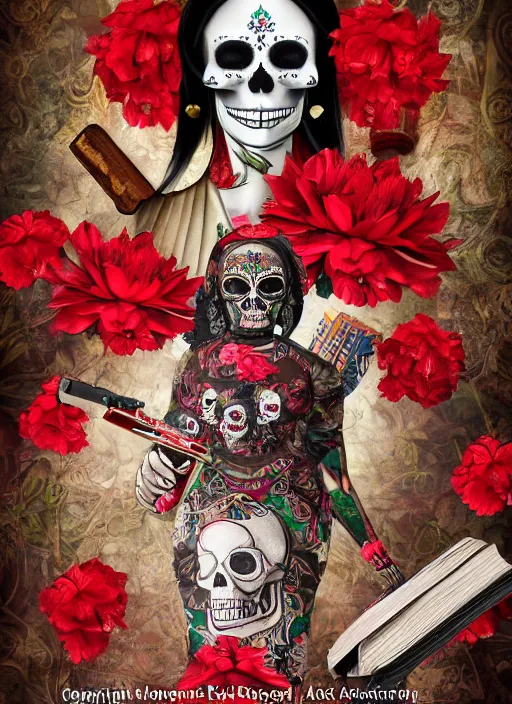 Image similar to mexican masterpiece of a skull faced Santa muerte with a book in her hand and surrounded by red flowers and ak45 as offers,+ no crop, visionary art, extremely high detail, realistic, octane render, post processed,