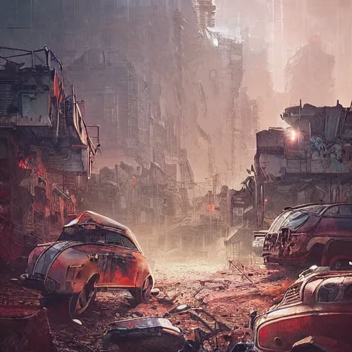 Prompt: mutants living in the remains of a city in the post apocalypse, world of fallout, beautifully detailed, smooth, illustration, concept art, by nikolay makovsky and alena aenami