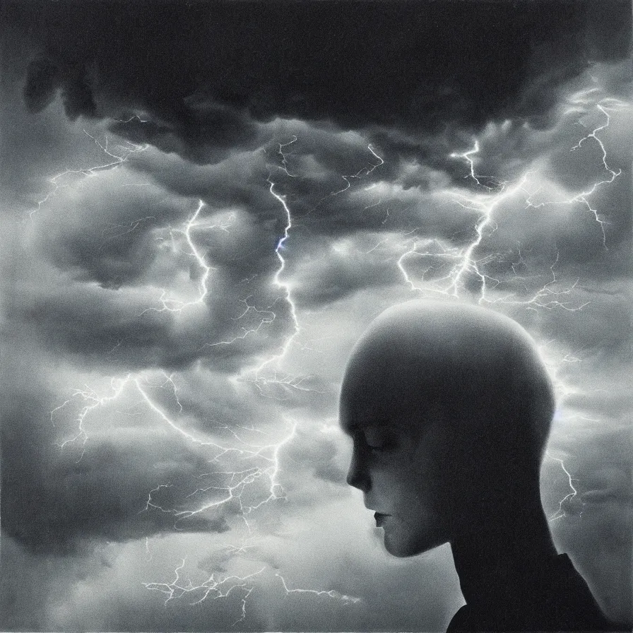 Prompt: surrealist artwork of the atmospheric indie album titled :'when your head feels like a thunderstorm cloud '.