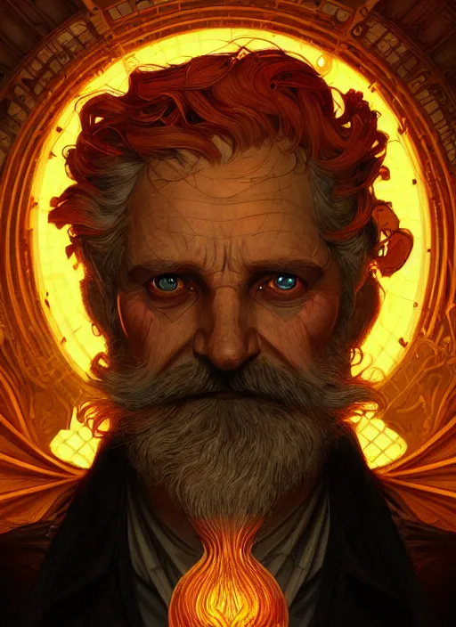 Image similar to the god hephaestus, old man, fiery hair, glowing eyes, volumetric lights, yellow and red scheme, art nouveau botanicals, gothic, intricate, highly detailed, digital painting, artstation, concept art, smooth, sharp focus, symmetric face, illustration, steampunk, art by artgerm and greg rutkowski and alphonse mucha