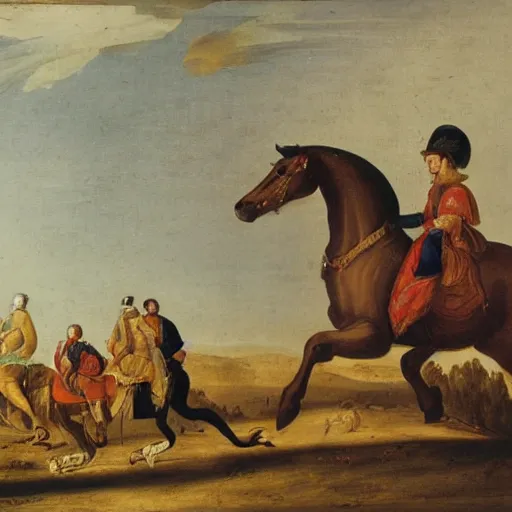 Image similar to a 1 8 th painting of a giovanna d'arco while is riding a horse, wide shot,